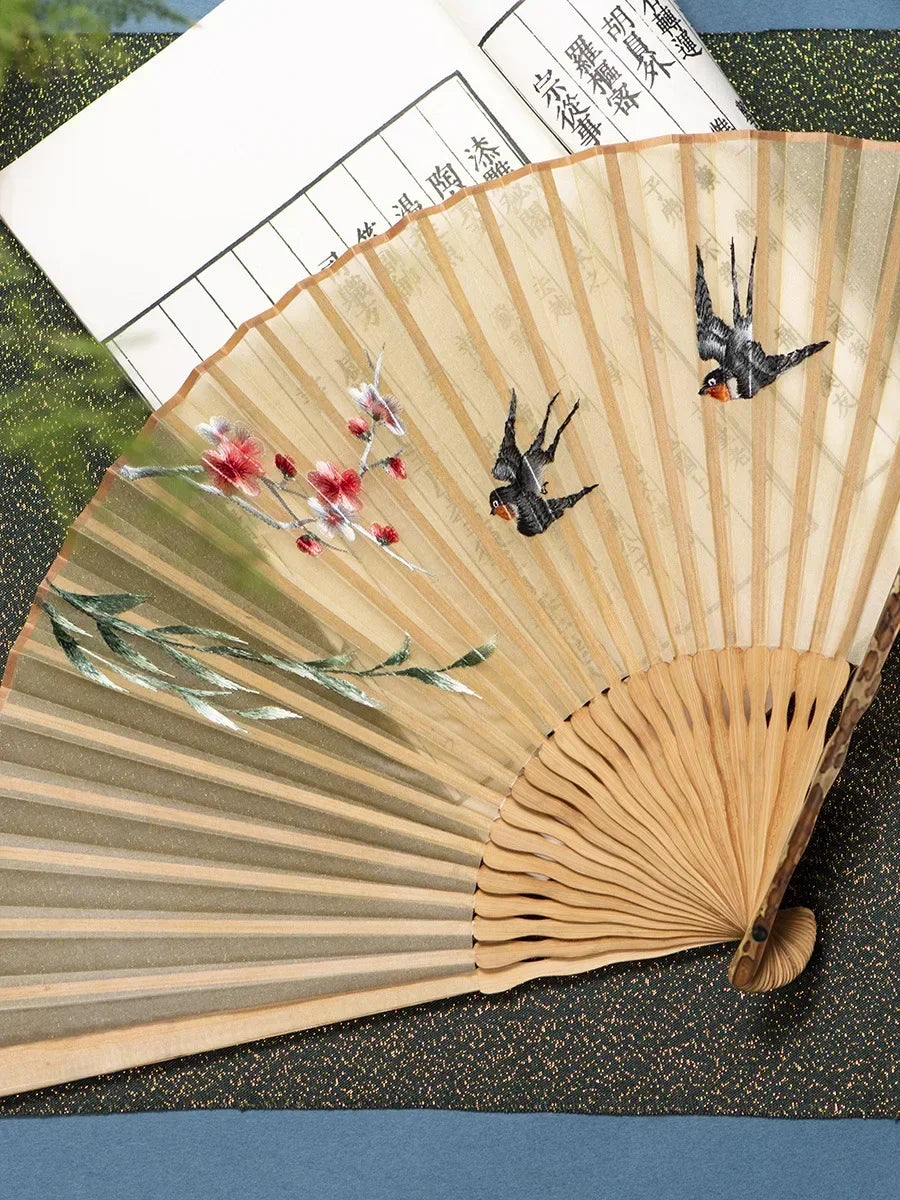 Chinese Embroidered Silk Bamboo Folding Fan, 7" or 8"