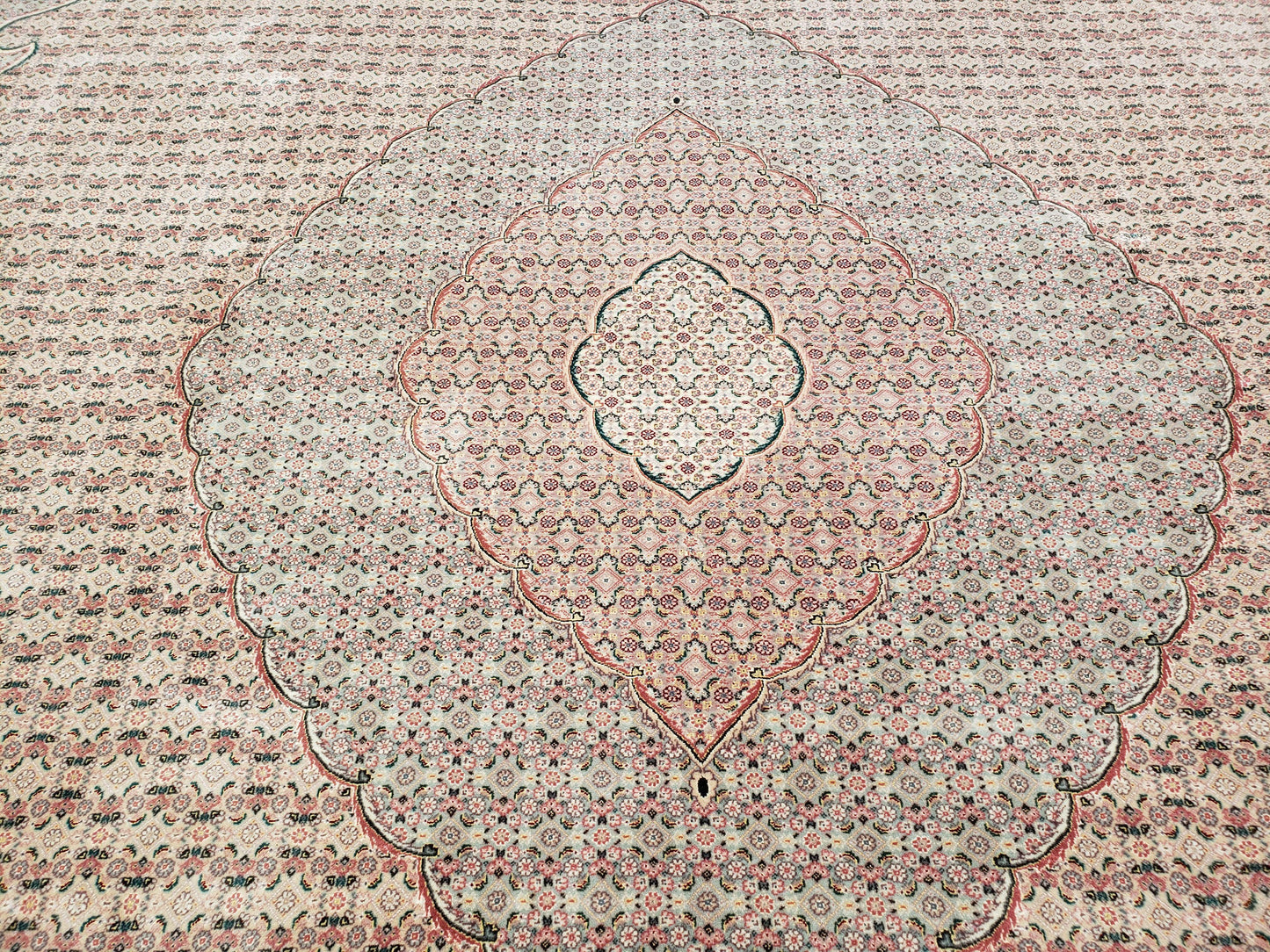 Stunning Oversized Pak Persian Oriental Rug 12x15, Hand Knotted Wool & Silk Palace Sized Carpet, Mahi Pattern, Very Fine, Peach Beige, Wow