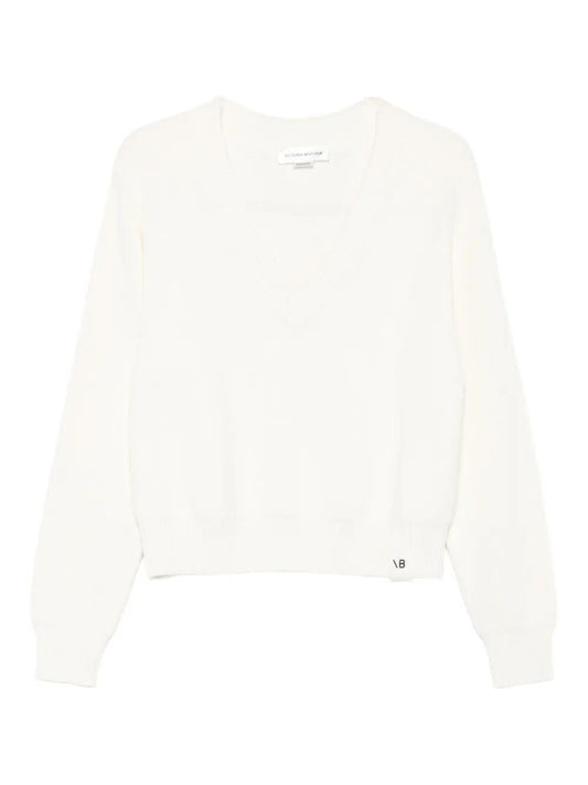 Victoria Beckham Women Relaxed Fit V-Neck Cotton Blend Sweater
