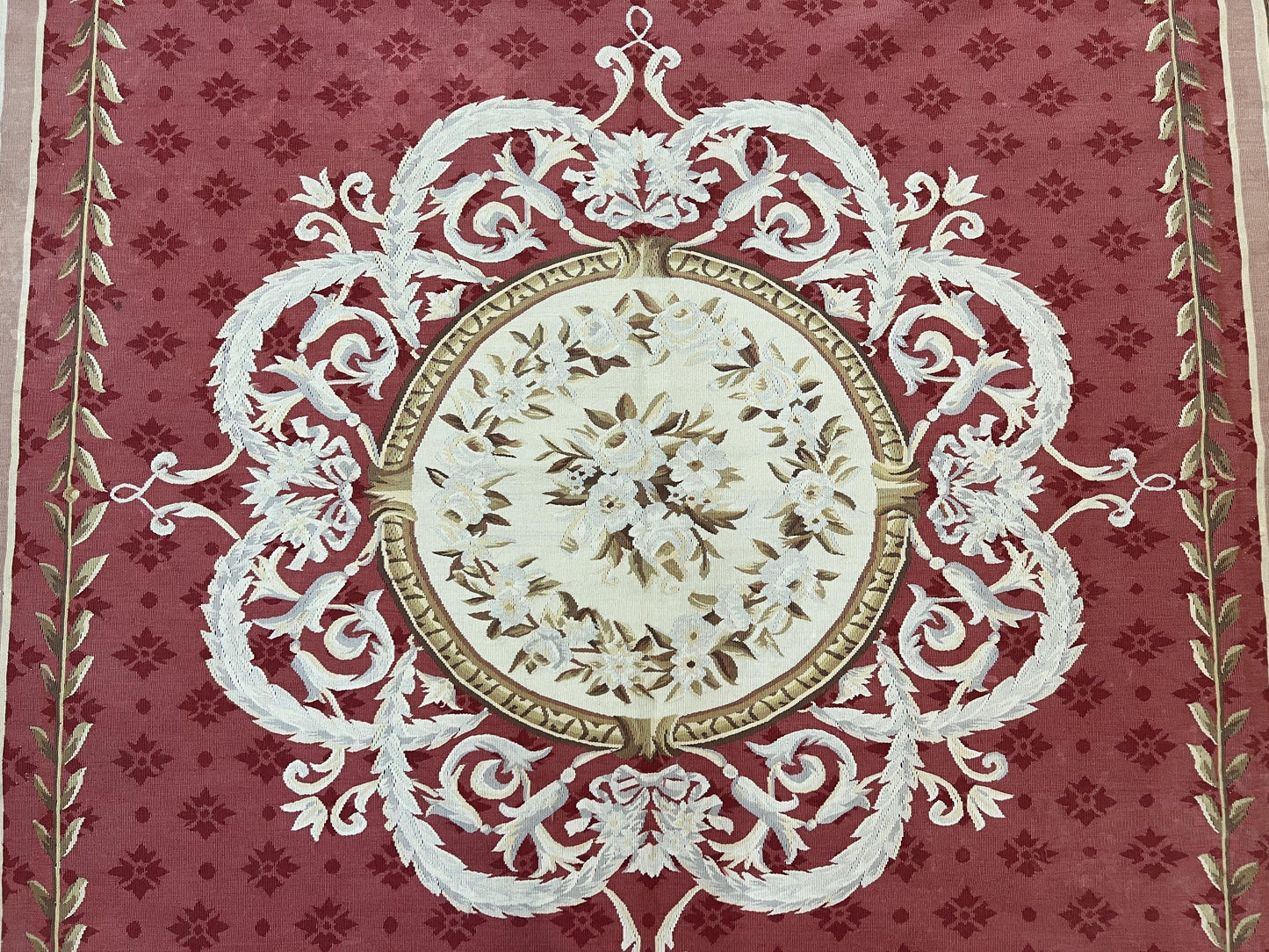 Aubusson Rug 9x12 ft, Red and Ivory Elegant Aubusson Carpet, Flatweave, Vintage Wool Handmade Area Rug 9 x 12, French European Design