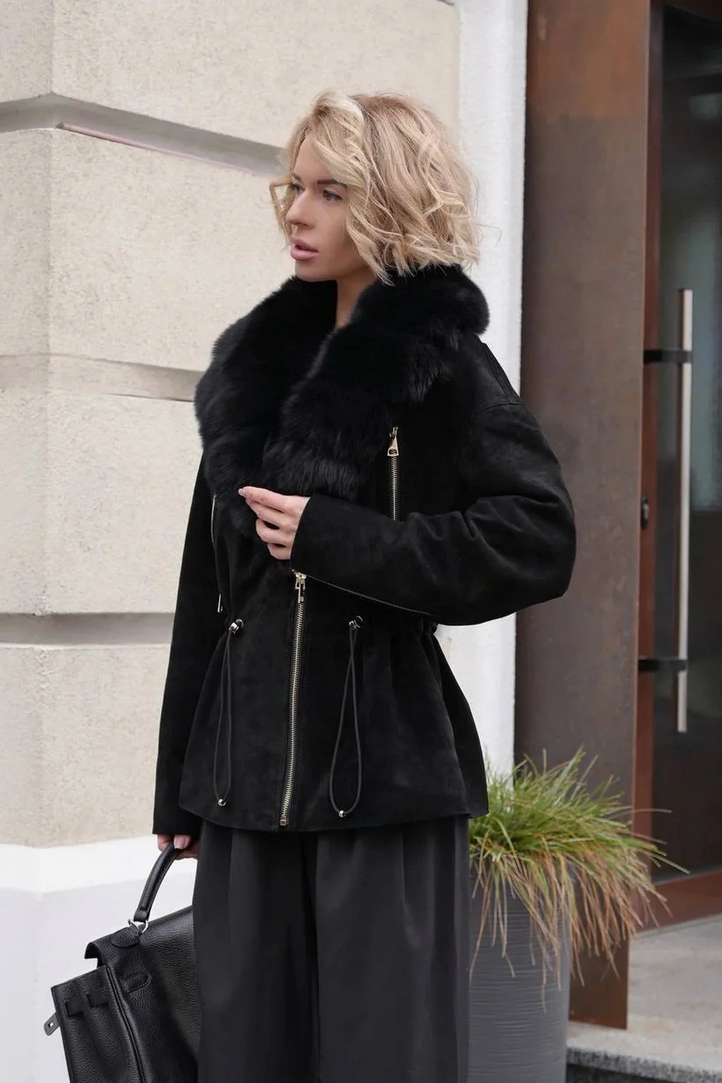 Vivienne Genuine Suede Polar Fox Trim Coat in Black