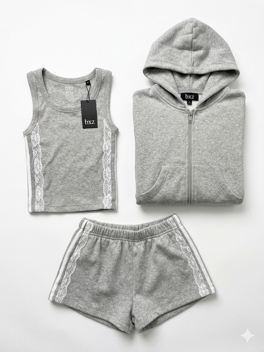 FBZ Grey White Lace 3 piece Shorts Set