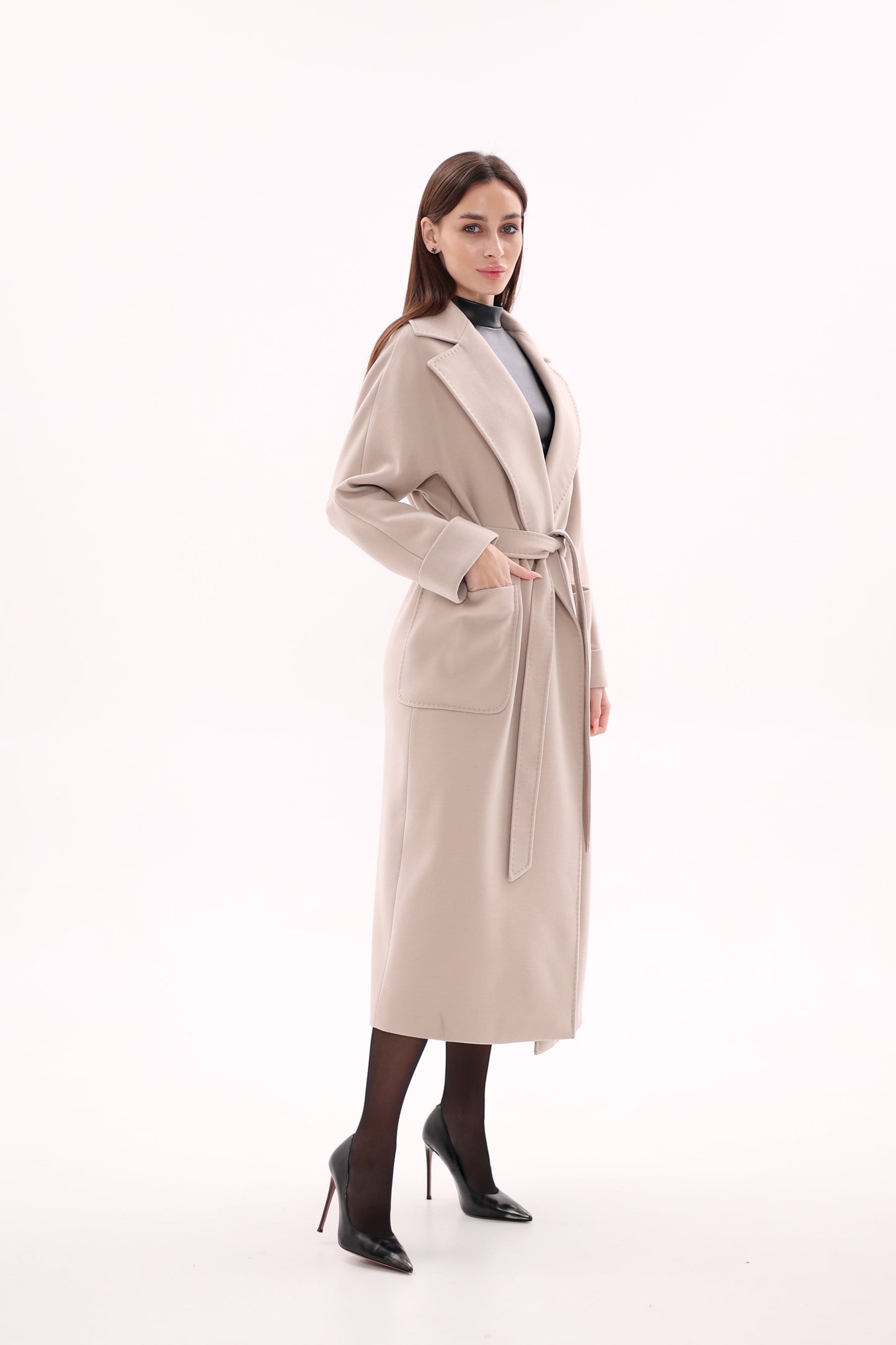 Marley Wraparound Wool Cashmere Coat in Nude