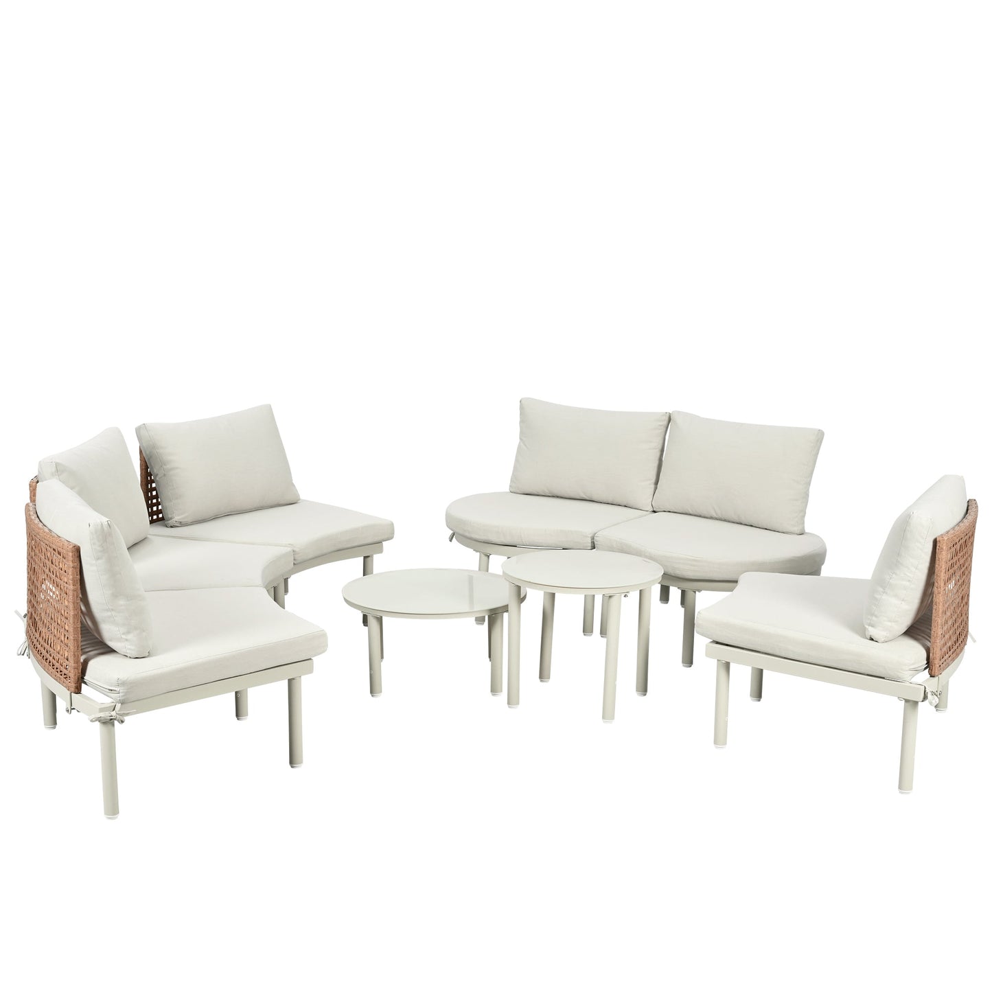 Outdoor Patio Set Half Moon Sectional with Two Coffee Tables Beige Pe Wicker