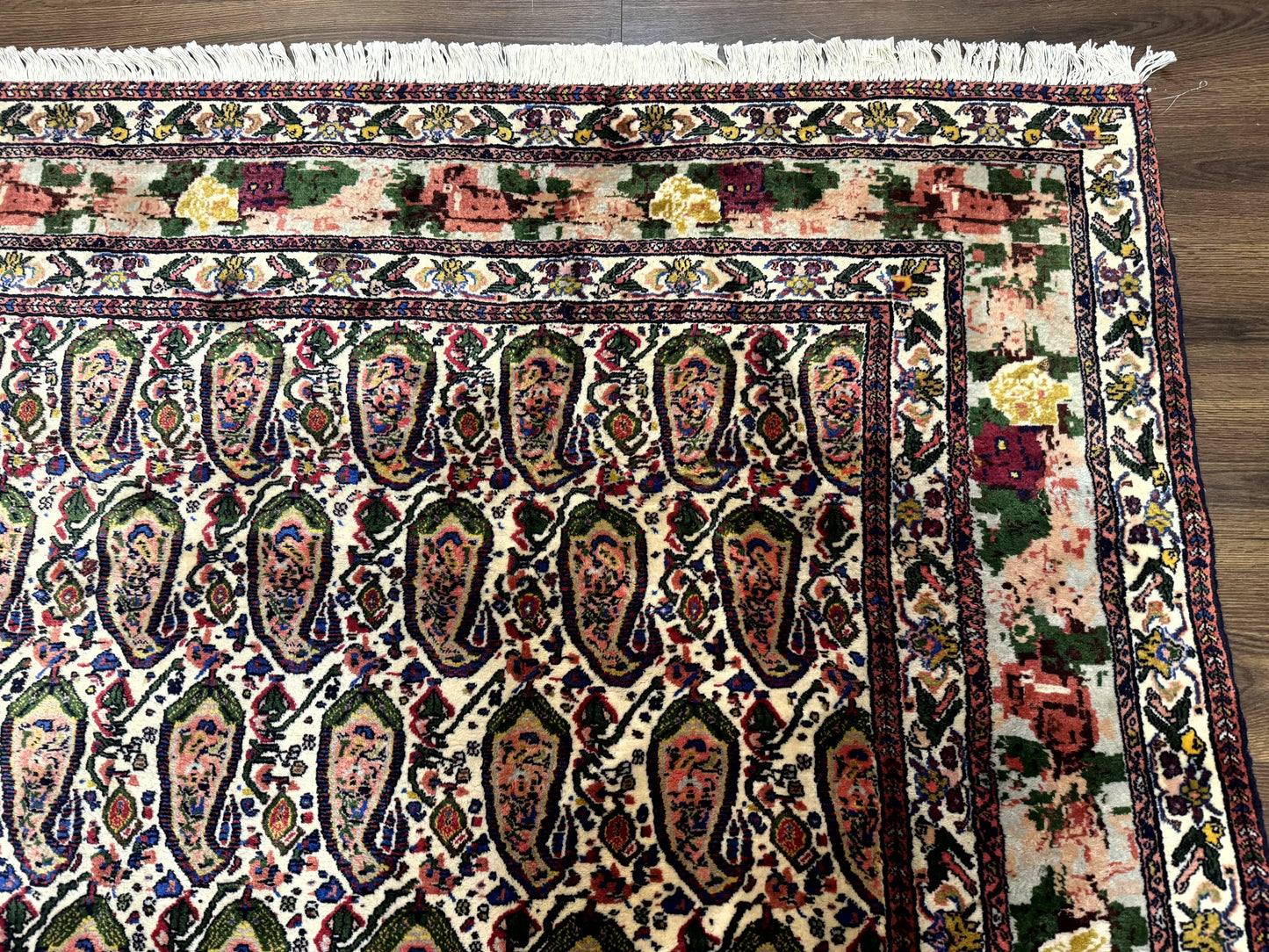 Persian Kurdish Rug 8x11, Repeated Allover Boteh Paisley Design, Bird Pictorials, Rare Antique Sannadaji Carpet