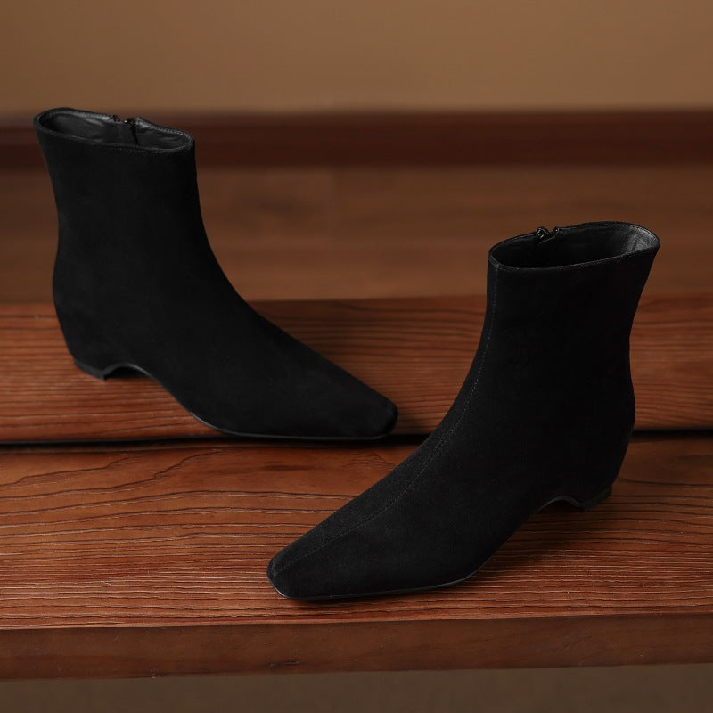 Women's Ankle Boots With Height Lift, Side Zipper & Fleece Lining | Square Toe Block Heel