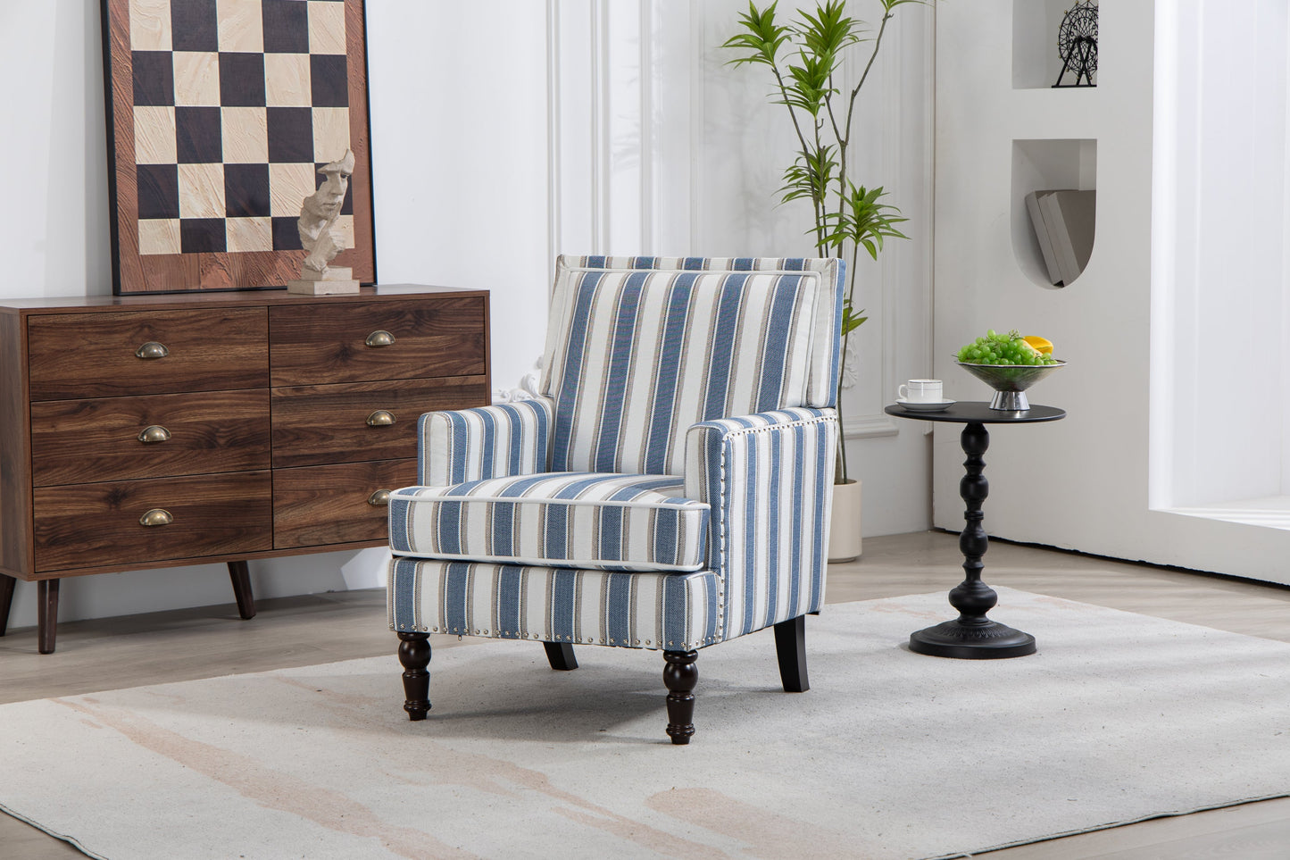 Accent Chair Vintage Blue White Stripe Linen Nailhead Trim