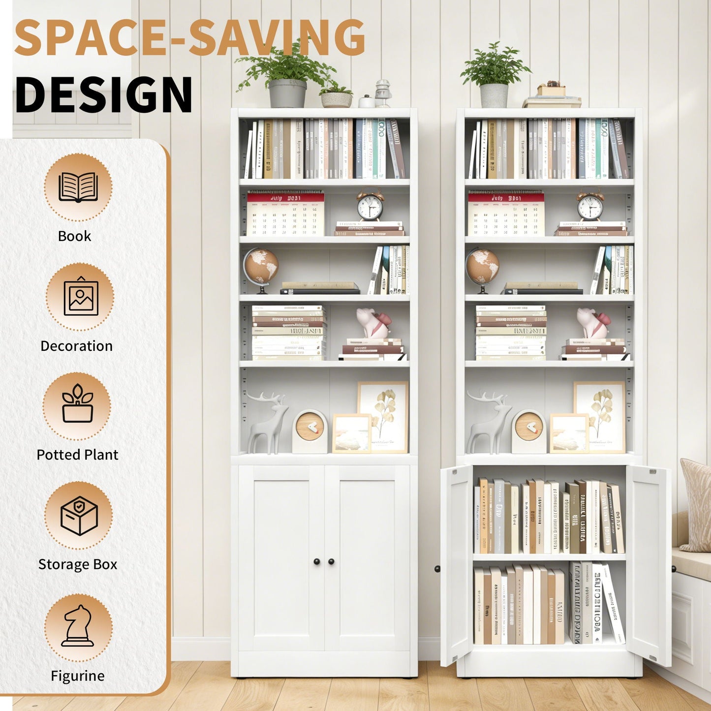 Bookcase Tall 5-Tier Adjustable Storage Shelf With Door Deep - White