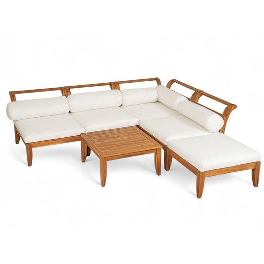 ** 6 Piece Patio Sofa Set, Acacia Wood Outdoor Modular Sectional Garden Furniture Set L Shaped Conversation Set, Convertible Daybed With Tea Table, Ottoman, 5 Cushions And Pillows - Teak / Beige