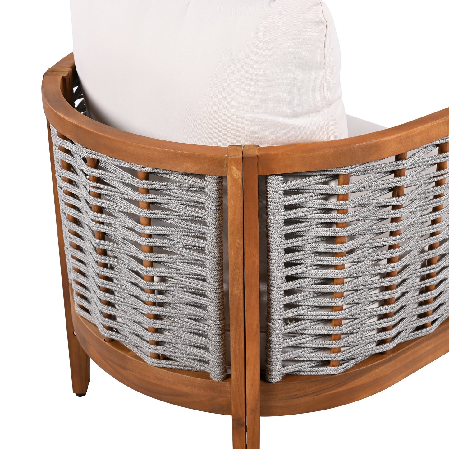 Outdoor Tub Design Armchair with Acacia Wood Teak Finish Beige Cushions