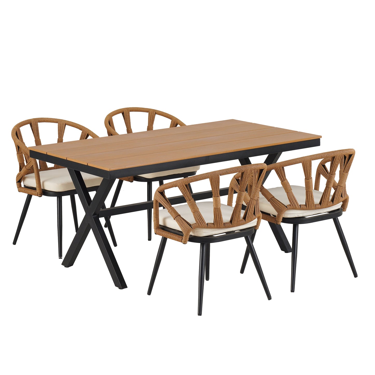 Outdoor Set Contemporary Pe Rattan Chairs and Plastic Wood Table