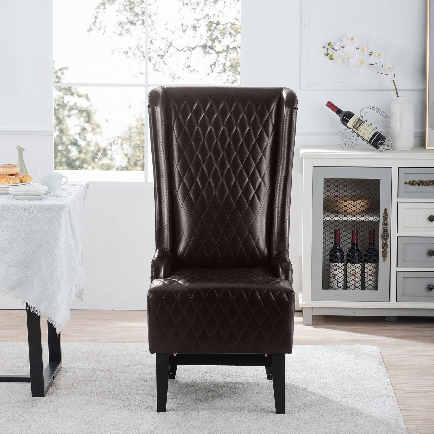 Accent Chair Wingback PU Leather Dark Brown High-Back Birch Legs 220 LB