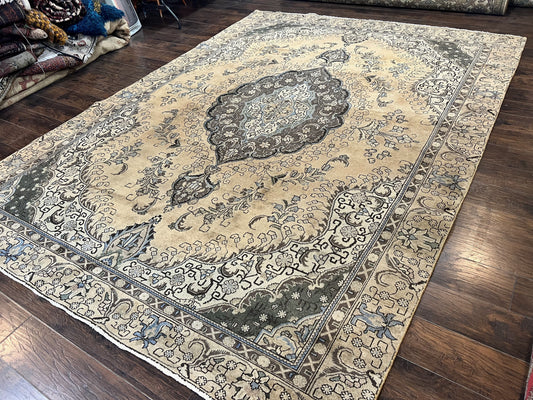 Antique Persian Tabriz Rug 9x12, Floral Medallion Rug, Hand-Knotted Wool Oriental Carpet, Room Sized Handmade Rug, 9 x 12 Vintage Farmhouse Rug