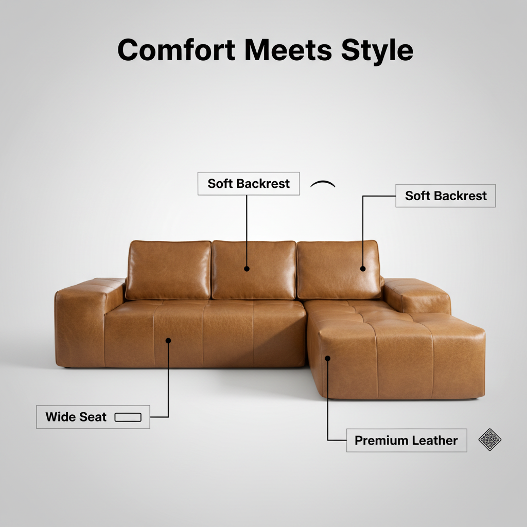 Sectional Sofa L-Shape Faux Leather Brown 3 Seat with Chaise 114 In