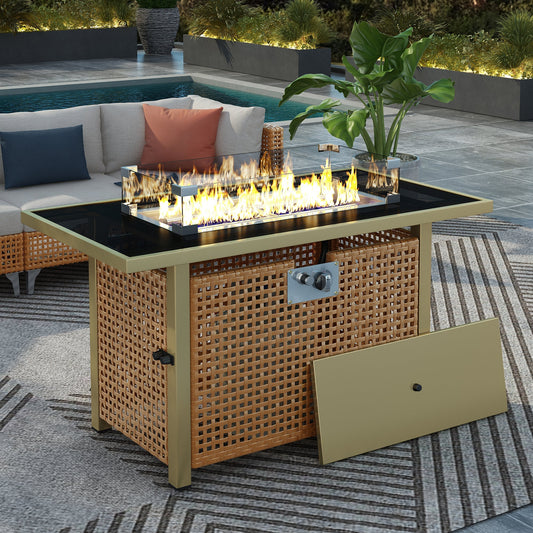 K&K 43' Rattan, Steel and Glass Propane Gas Fire Pit Table