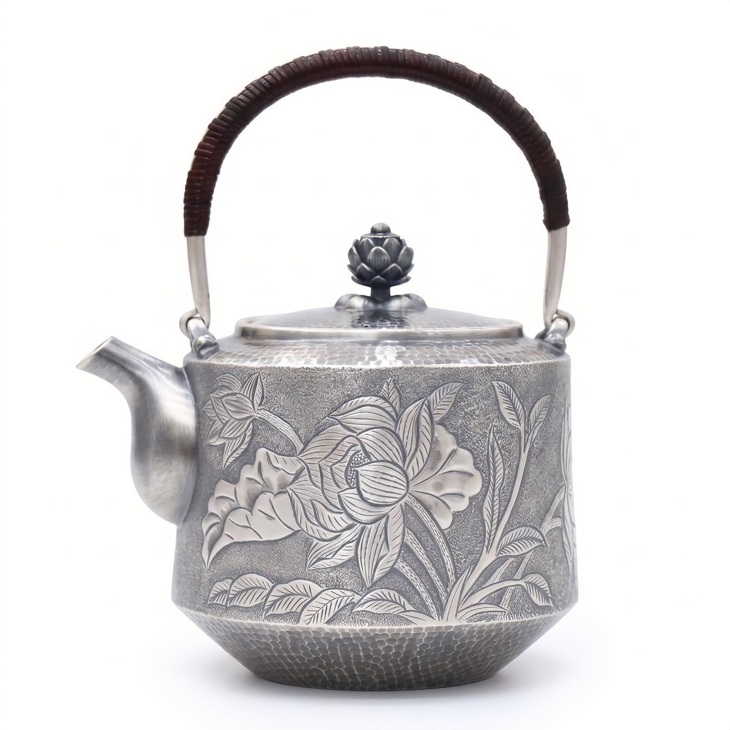Pure 999 Fine Silver Elegant  Teapot with Handcrafted Floral Engraving, Hammered Texture, and Lotus Lid-Fine Teapot with Handle - Handicraft