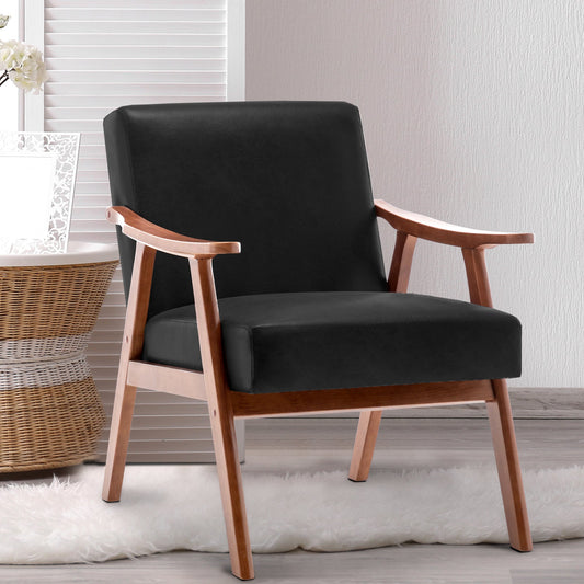 Accent Chair Mid-Century Wingback PU Leather Black Rubberwood 26x31x32 In 300 LB