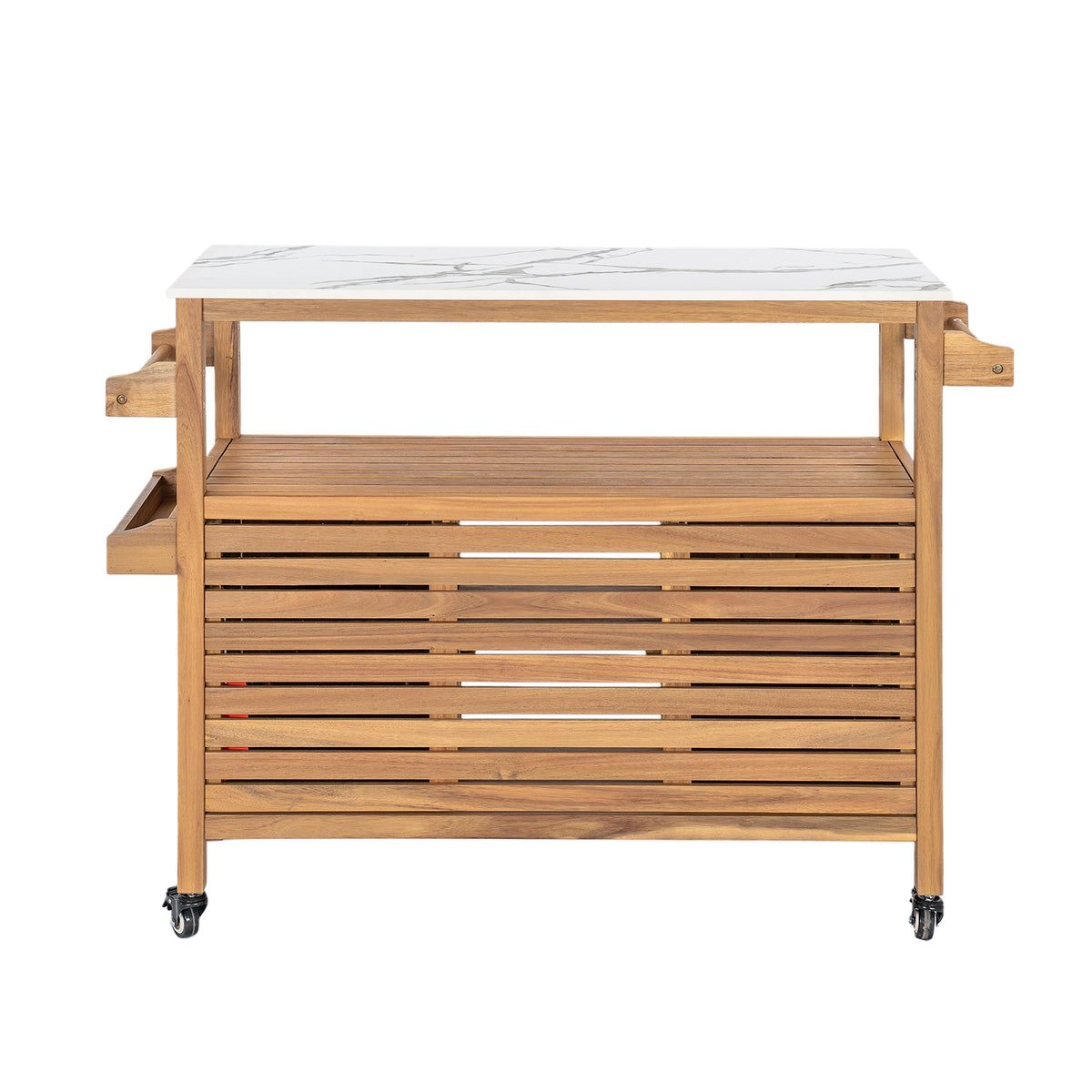 Wooden kitchen island with marble top on a white background