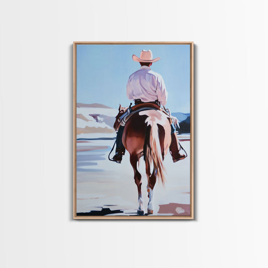 Cowboy Riding Horse Autumn Path with Fall Leaves Framed Canvas Print Vintage Christmas Wall Art Winter Landscape Christmas Decor Gift Idea