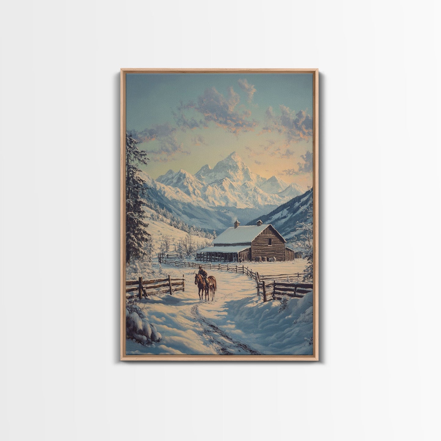 Winter Ranch Scene With Horses Framed Canvas Print Snowy Mountain Landscape Rustic Country Christmas Art Perfect For Farmhouse Wall Decor