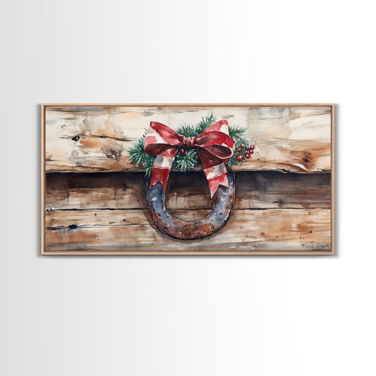 Festive horseshoe Christmas art, rustic holiday decor, farmhouse holiday gift idea, cozy winter home decor, framed canvas print