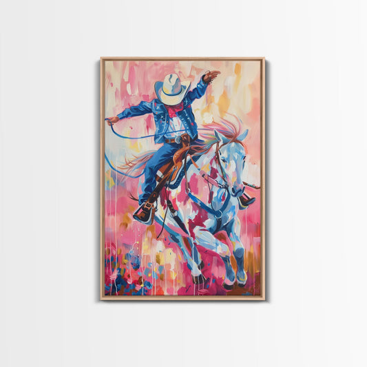 Energetic Cowboy on Horseback - Vibrant Western Art, Framed Canvas Print, Living Room Decor, Cowboy Rodeo Painting, Colorful Wall Art