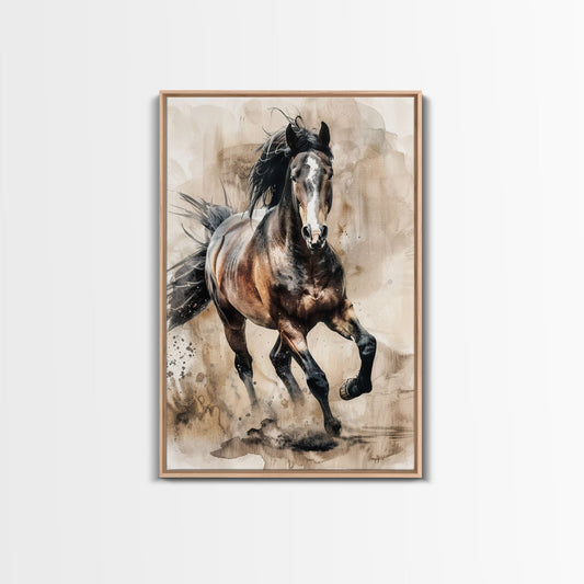 Running Horse in Motion - Framed Canvas Print, Lively Living Room Art, Vibrant Bedroom Decor, Equestrian Art, Wall Art