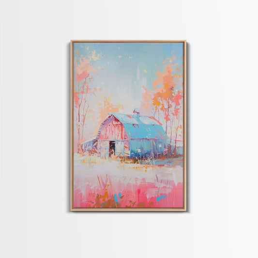 Vintage Pastel Barn with Blue Roof and Trees - Framed Canvas Print, Rustic Farmhouse Decor, Country Art for Home, Bedroom Wall Art
