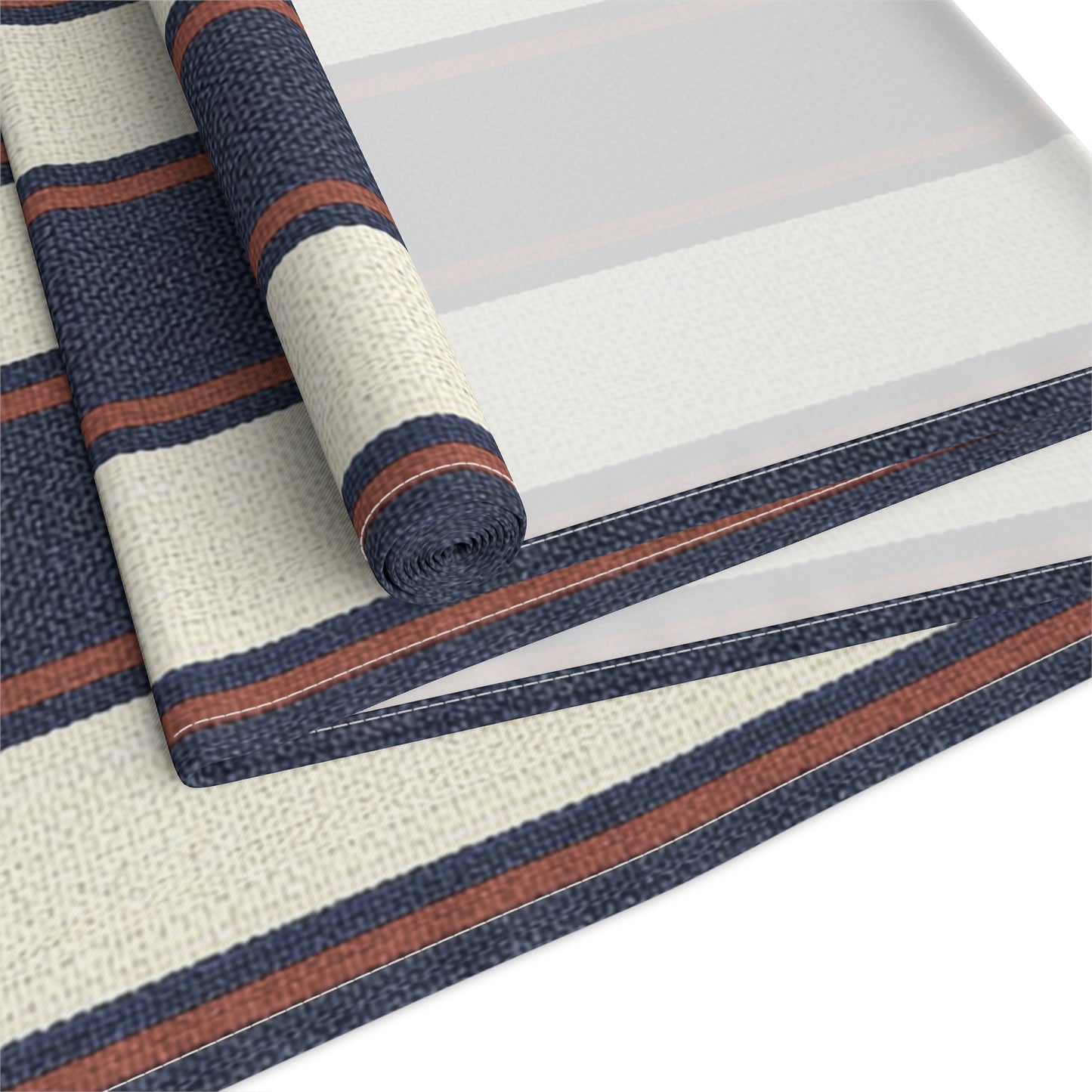 Coastal Regatta Cabana Stripe Table Runner - Classic cabana stripes in heritage red, ivory, and navy bring a polished coastal touch to everyday dining, summer gatherings, and elegant seaside entertaining.