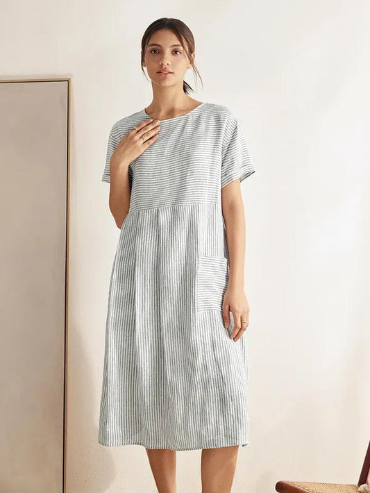 100% Linen Pinstripe Paneled Short-Sleeved Dress MORGAN
