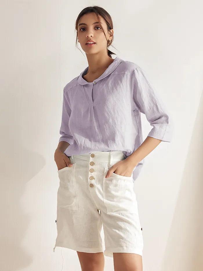 100% Linen Stripe Shawl V-Neck Half Sleeve Top JADE