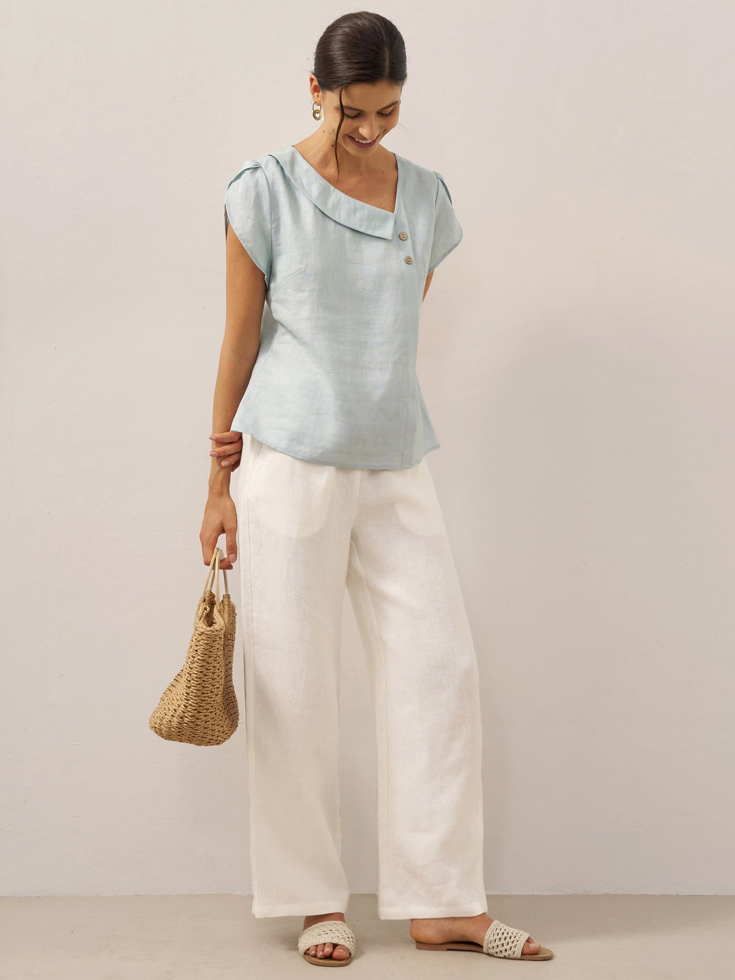 100% Linen Crescent Collar Flutter Sleeve Top FARA