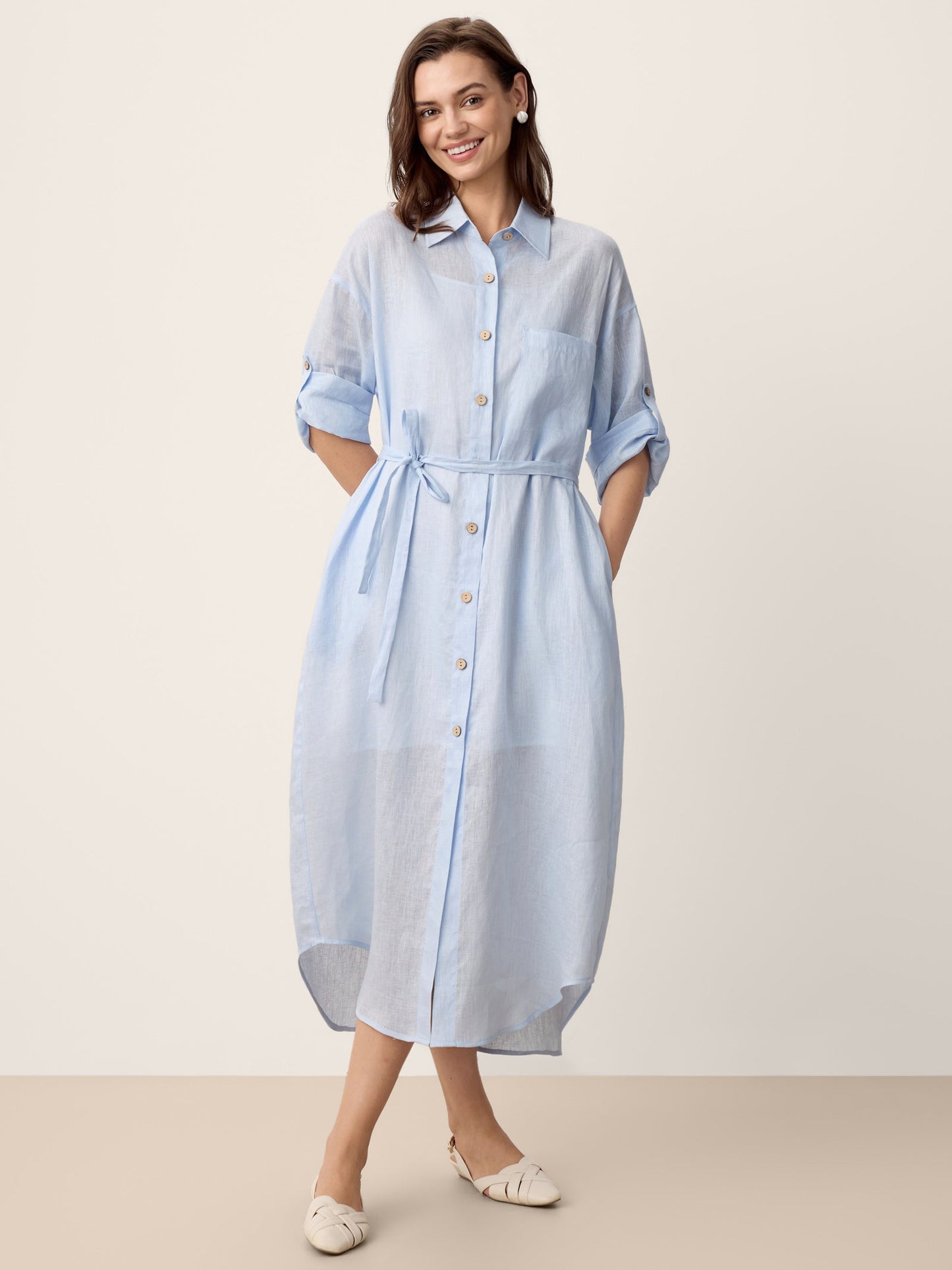100% Linen Shirt-Collar Folded-Cuff Cocoon Maxi Shirt Dress MIREN
