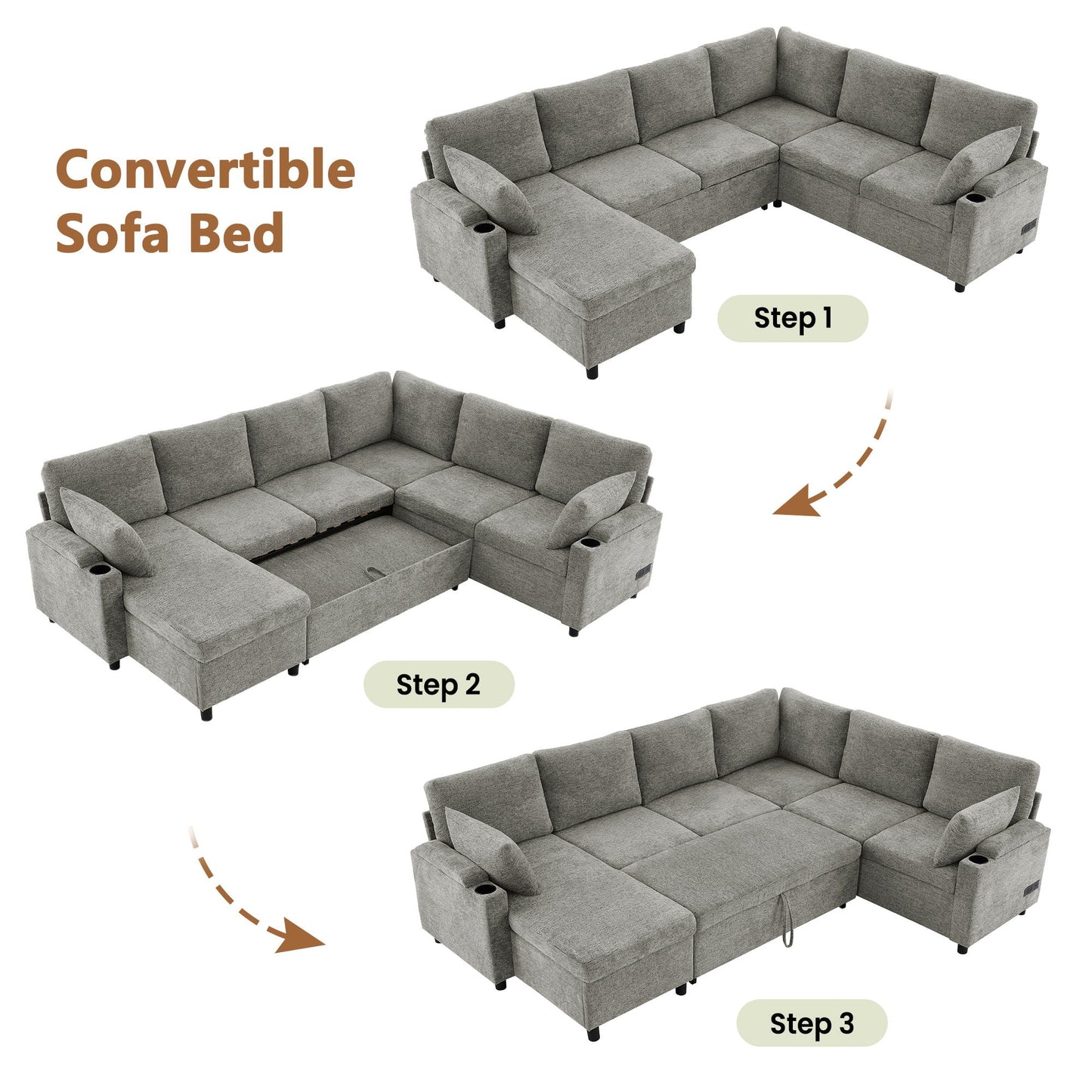 U-Shaped Sectional Sleeper Sofa With Ample Storage Space, 2 Cup Holders And Charging Ports For Living Room