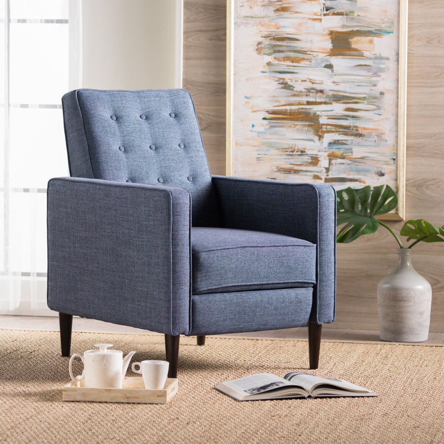 Mid-Century Modern Recliner With Button Tufted Waffle Stitch