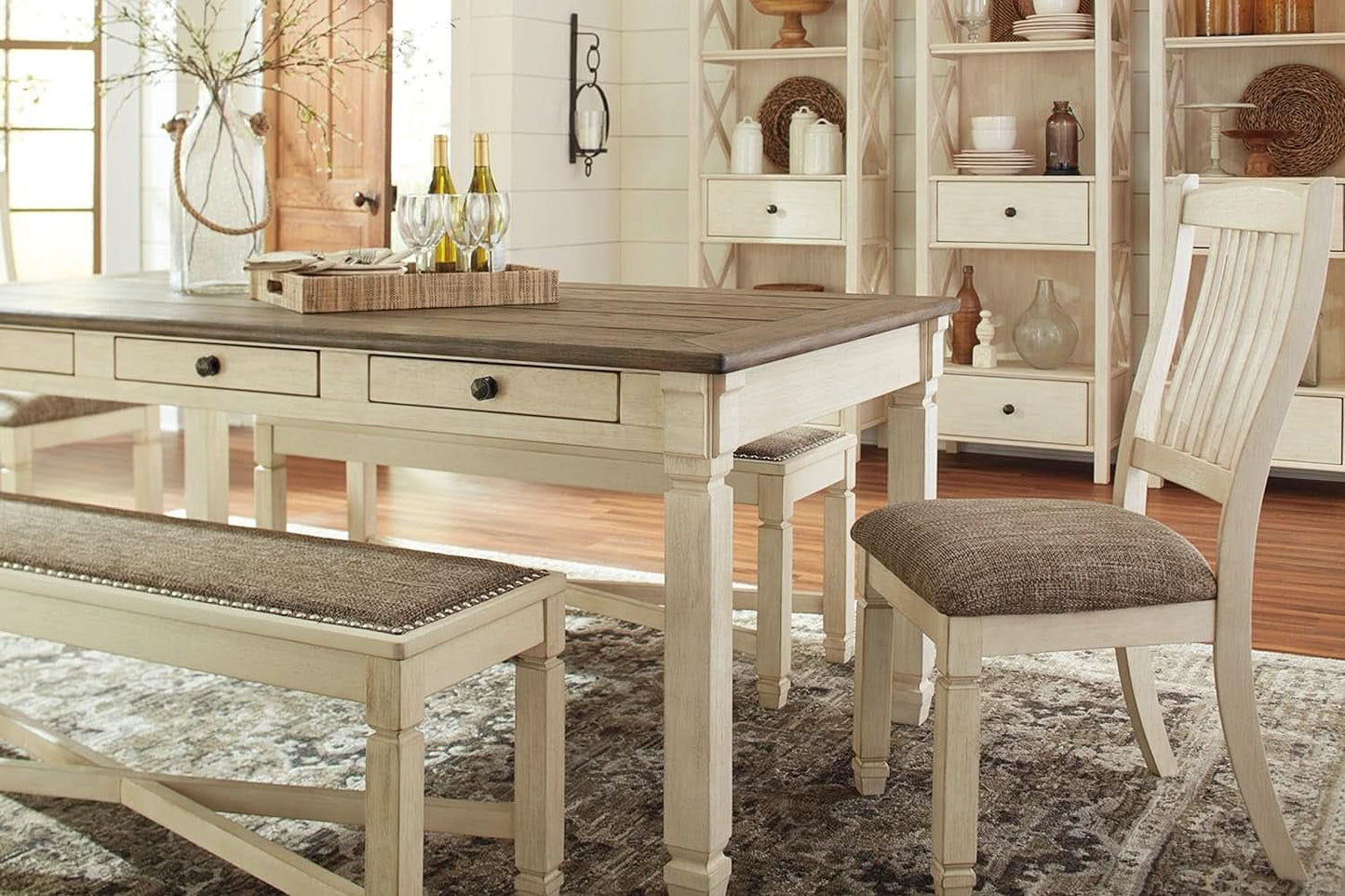 Bolanburg Farmhouse Dining Table Drawers Whitewash Wood Seats 6