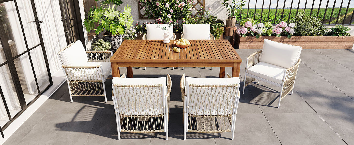 Patio Dining Set Rectangular, 67 Inch Wooden Table with 6 Rattan Armchairs