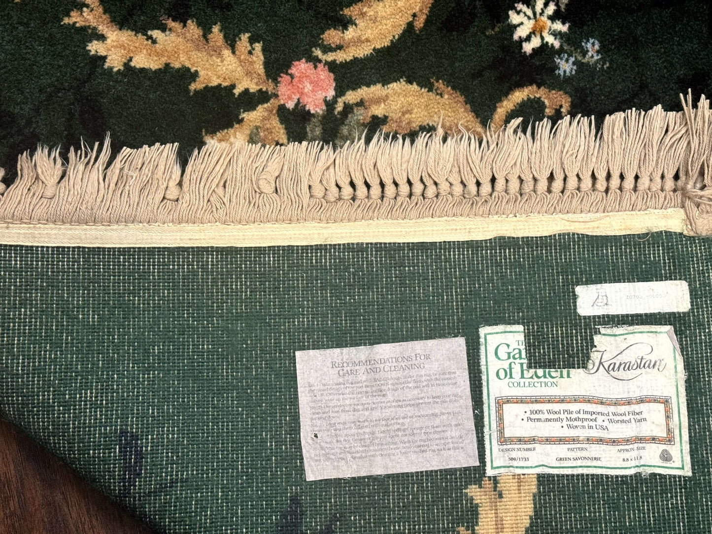 Karastan Garden of Eden Rug 8.8 x 11.8, Green Savonnerie 509/1733, Wool