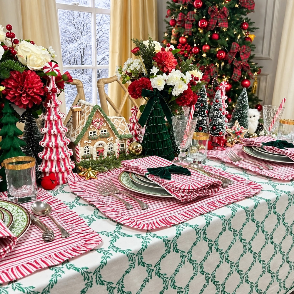 A festive Christmas table setting with red and white striped placemats, matching napkins with black bows, a white tablecloth with a green vine pattern, a gingerbread house decoration, floral arrangements, and a decorated Christmas tree in the background.