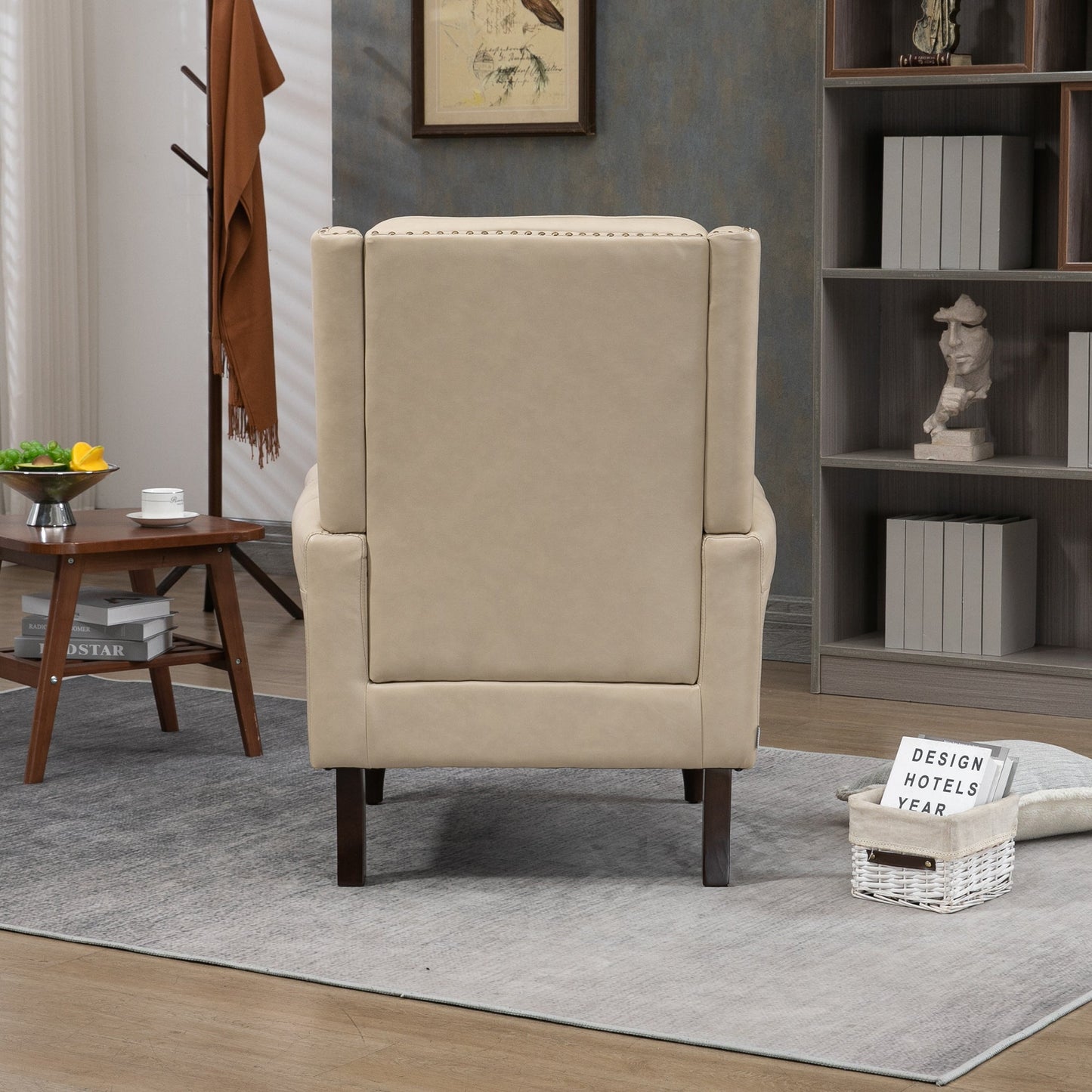 Accent Lounge Chair PU Leather Camel Rubber Wood Legs Sinuous Springs 250 LB