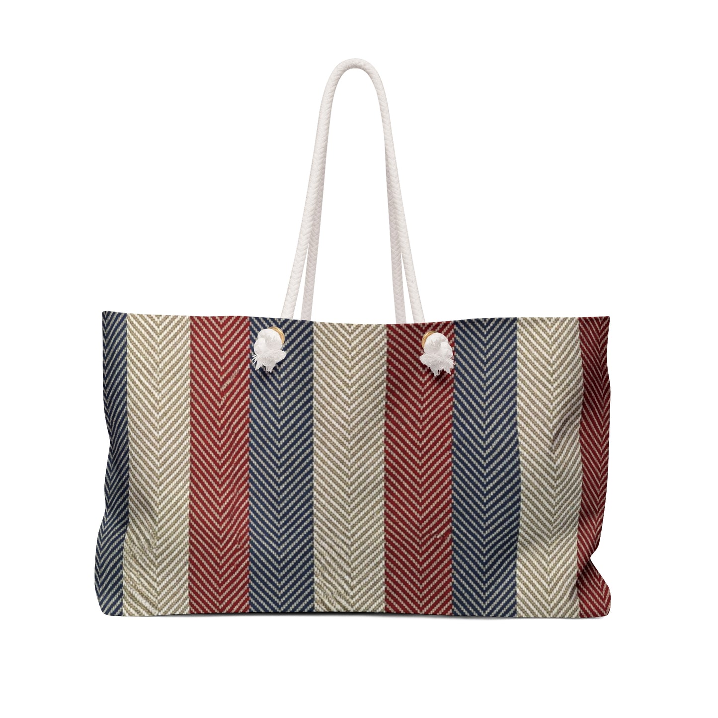 Americana Cabana Stripe Weekender Tote — A spacious coastal carryall inspired by beach weekends, boat days, and classic Americana summer style.