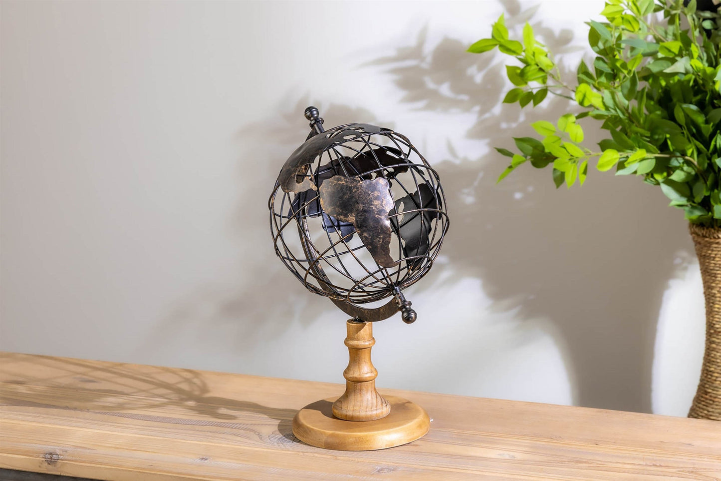 Iron Globe with Natural Wood Base 14.5"H