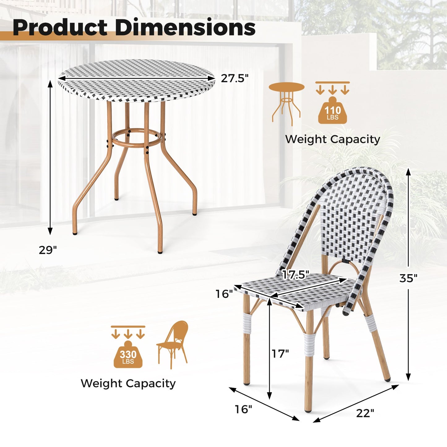 3 Piece French Bistro Table Chair Set with Outdoor Wicker Round Table and 2 Dining Chairs