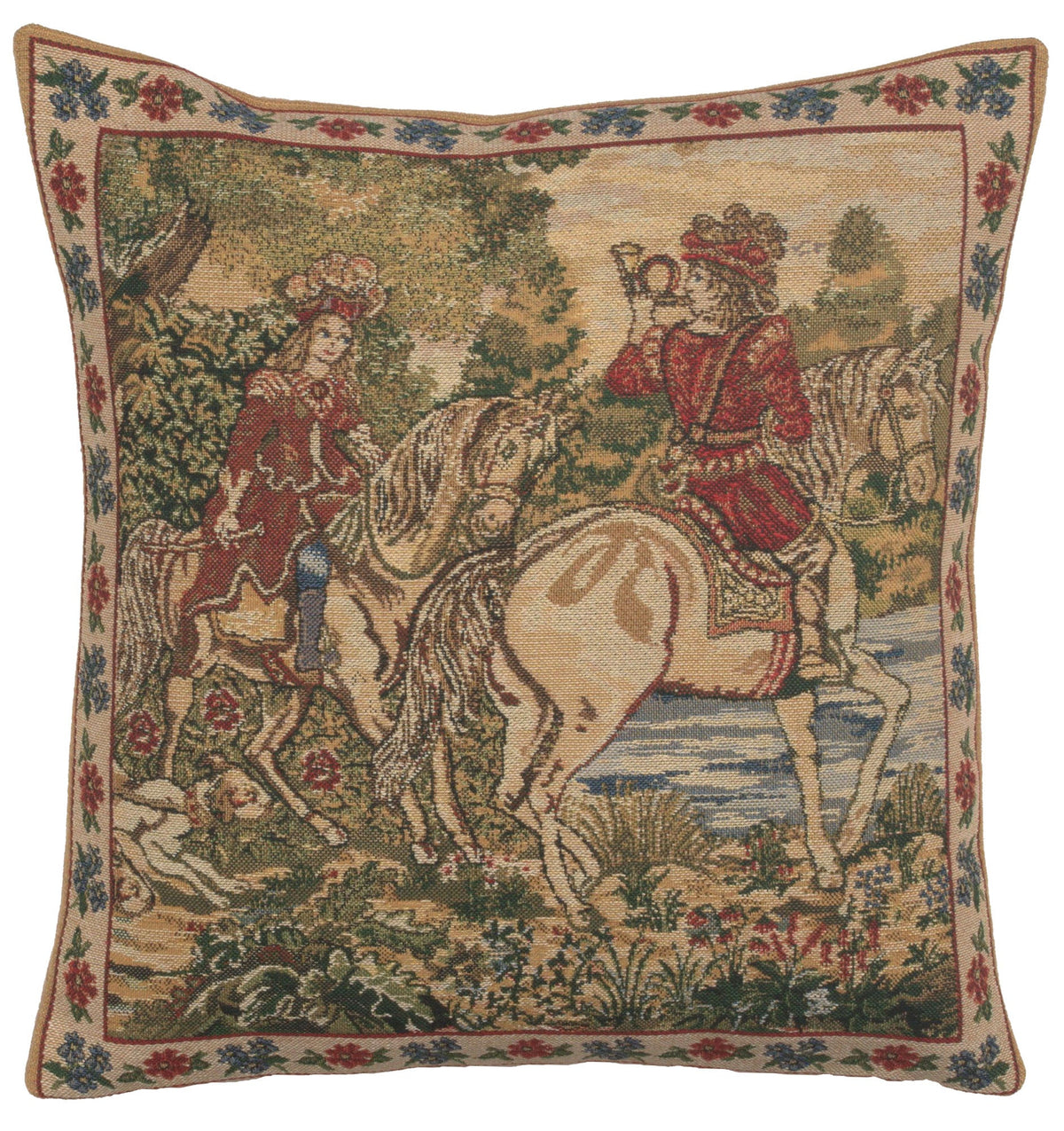 Decorative pillow with tapestry design of two people on horseback in a scenic setting.