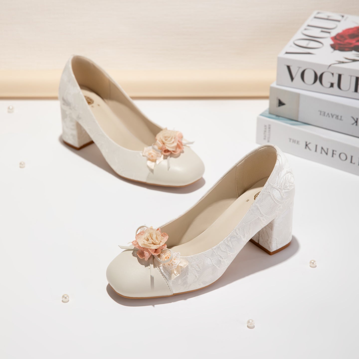 Women's Floral Block Heel Pumps | Square Toe Jacquard Dress Shoes