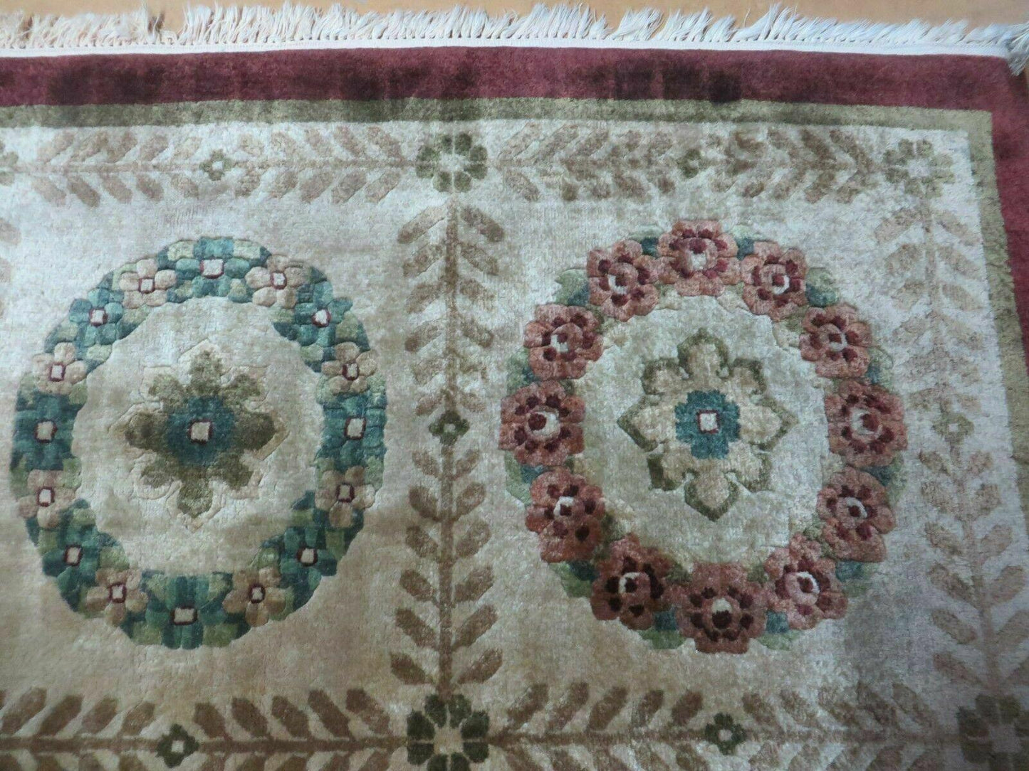 9' X 12' Modern Handmade Indo Lahore Wool Rug Art Deco Olive Ivory Nice Wow