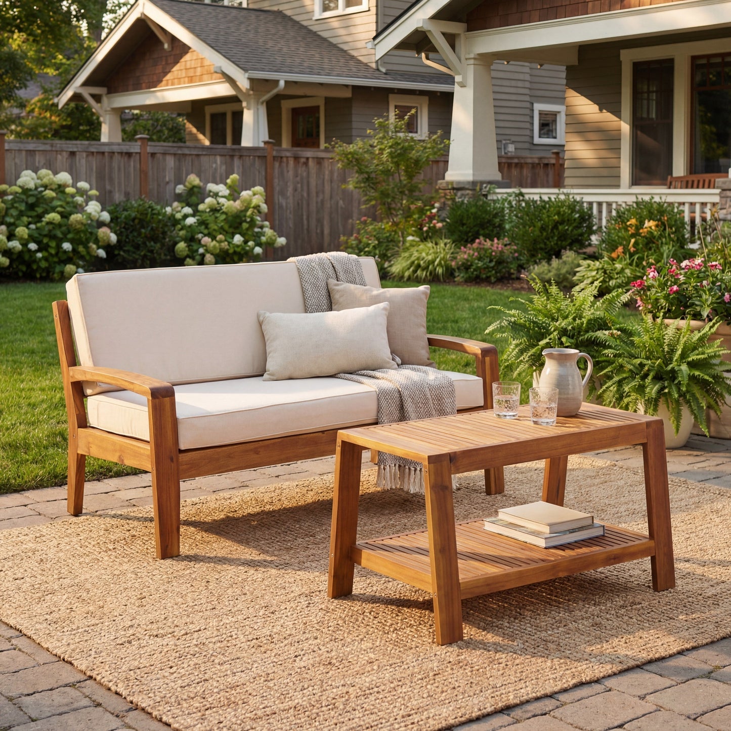 Outdoor Patio Set Modern Teak Acacia Wood with Beige Cushions