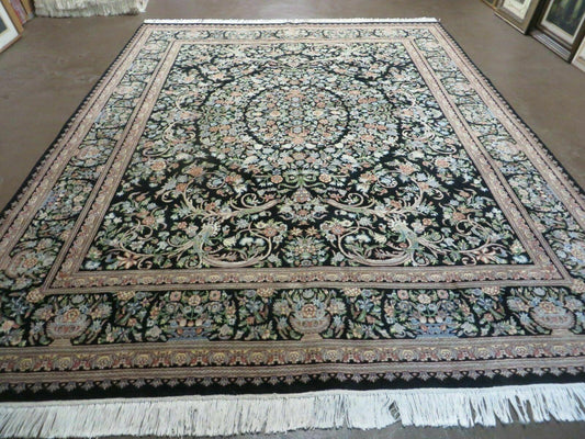 8' X 10' Vintage Handmade Pakistani Floral Wool Rug Black Nice