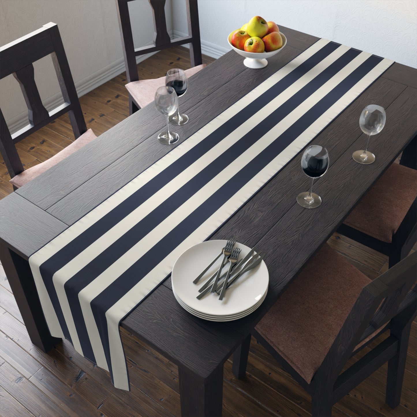 Harbor Cabana Stripe Table Runner - Timeless navy and ivory cabana stripes inspired by coastal yacht clubs, crisp seaside linens, and relaxed East Coast entertaining. Designed for effortless layering from everyday dining to elevated summer tablescapes.