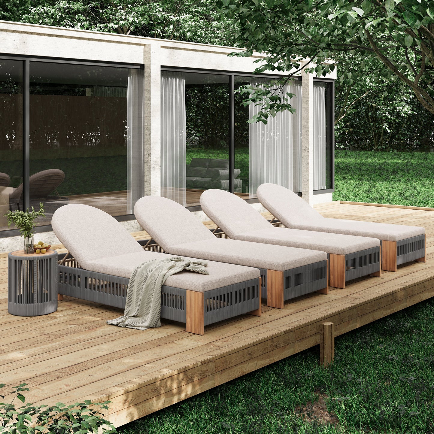 Outdoor Rope Lounge Set with Adjustable Backrest Teak Side Table Beige Cushions